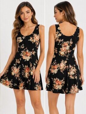 🌸 Poetry Black Floral Fit & Flare Mini Dress | Women's Medium | Cottagecore Rom